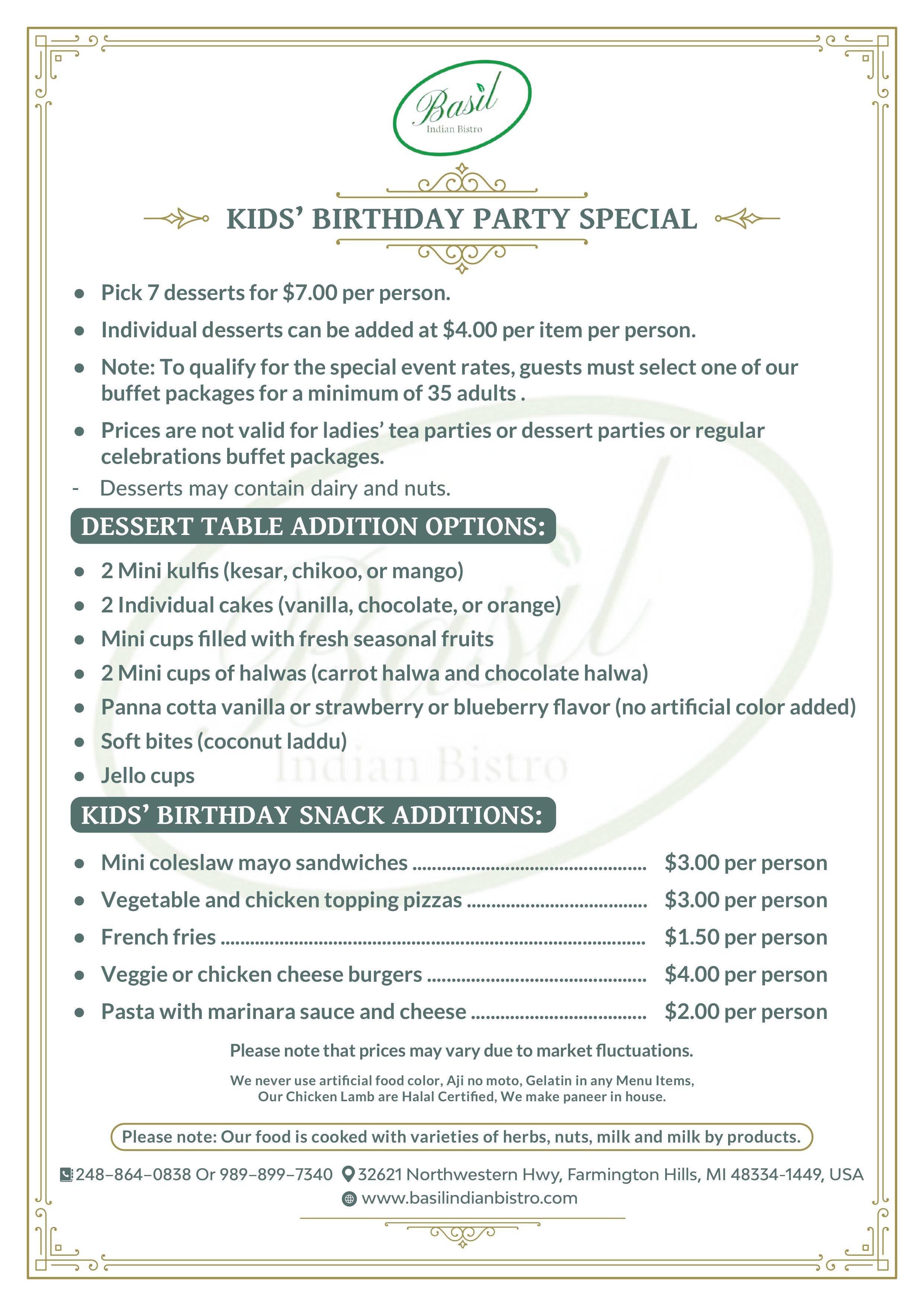 Dessert Table for Kids Menu
